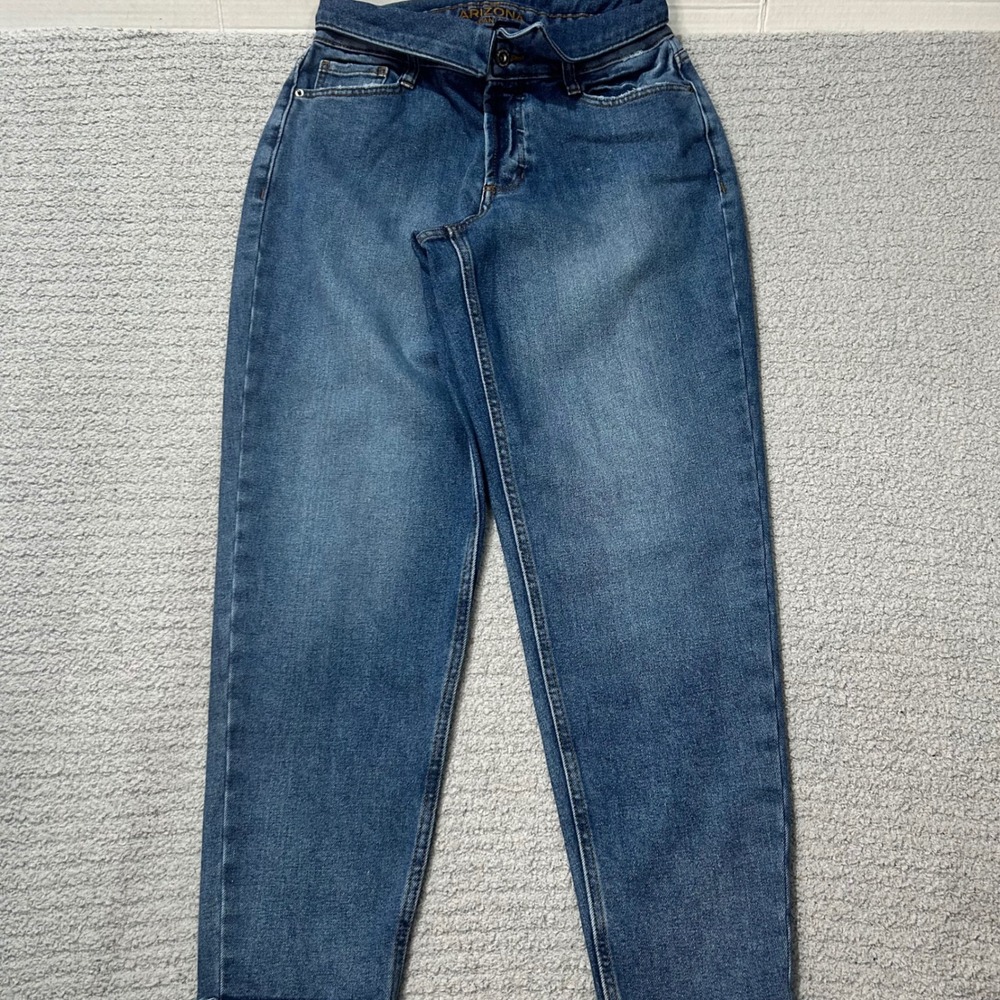 Arizona‎ Jean Co Mom Jeans High Rise 7 Blue Button Fly Frayed Hem Eco Friendly